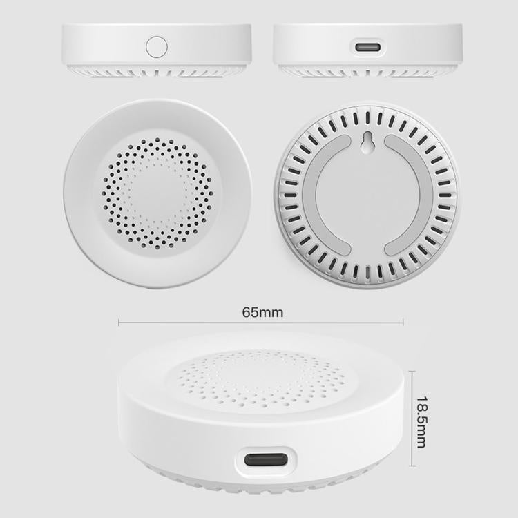 Tuya WiFi smart sensor, round white design with speaker grille and side button, 65mm dia