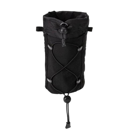 Black mesh water bottle holder pouch with front pocket and drawstring closure