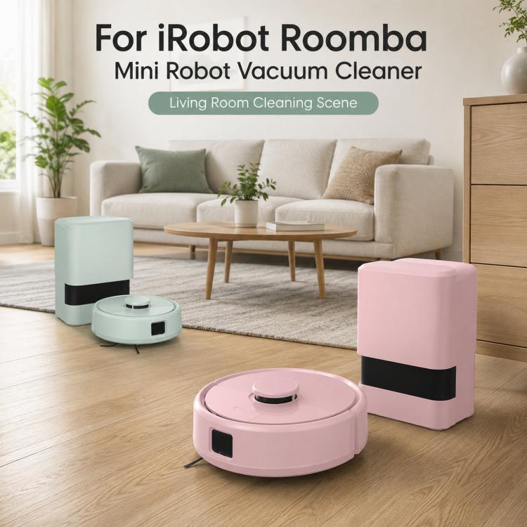 Mini robot vacuum cleaners in pastel colors, shown with charging bases