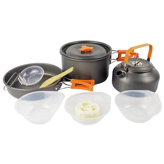 Camping cookware set with gray pots, orange accents, and translucent plastic bowls