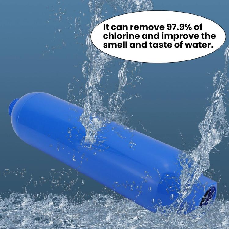 Blue water filter cartridge with water spray and droplets