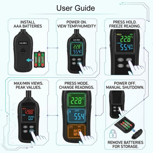 Handheld temperature and humidity meter with color LCD and control buttons