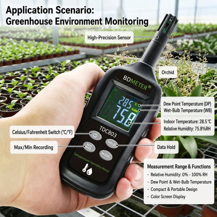 Handheld temperature and humidity meter with color LCD showing temperature and humidity