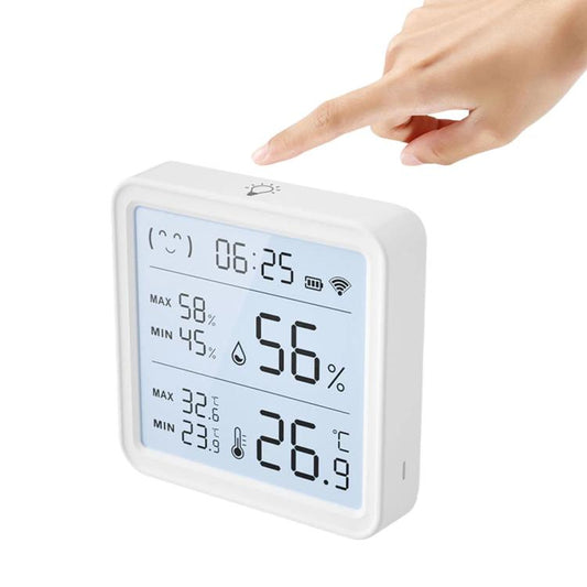 White smart temperature and humidity monitor with backlit LCD showing 56% humidity