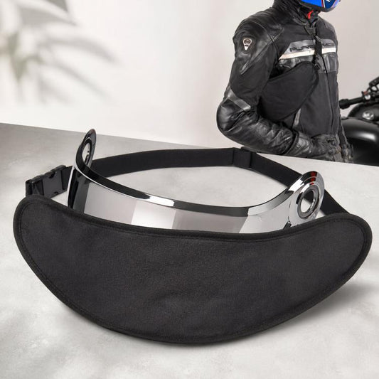 Black crescent motorcycle visor pouch with adjustable waist strap and clear visor inside