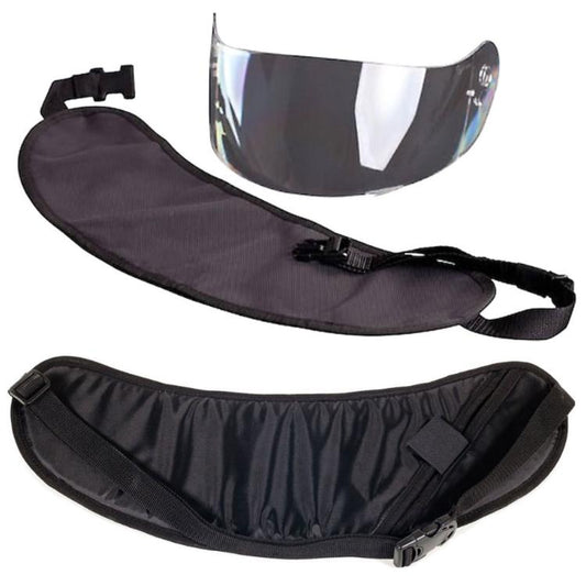 Black visor bag set with two straps and buckles, shown with clear visor pieces