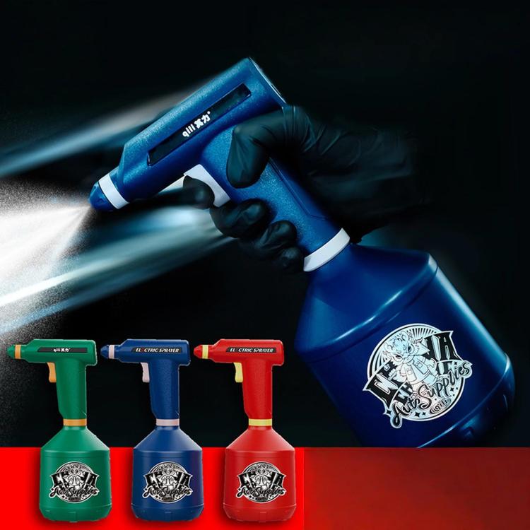 Three electric atomizing sprayers in green, blue, and red with mist spray fan