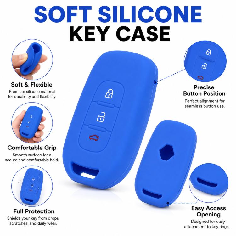 Blue silicone 3-button key cover with button cutouts and open slot for a key fob