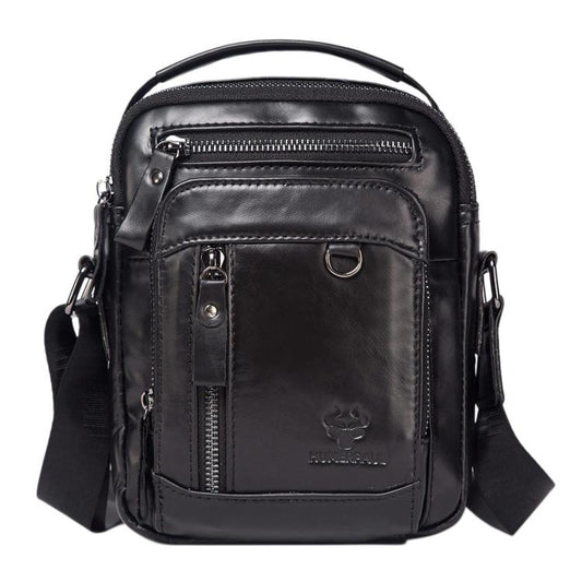 Black leather vintage crossbody shoulder bag with front zip pocket and flap