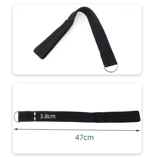 Black stroller wrist strap leash, 47cm long and 3.8cm wide, with metal ring.