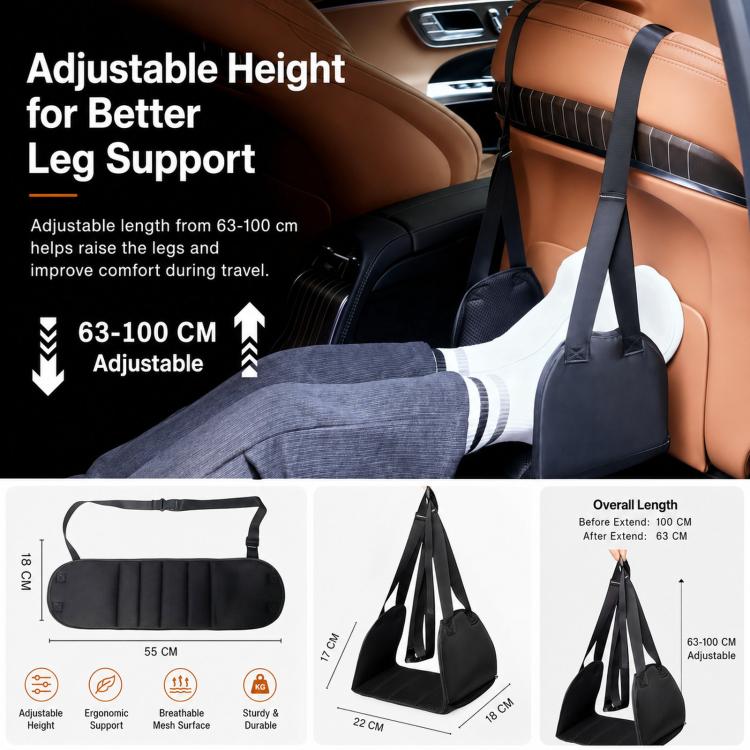 Adjustable-height rear seat footrest hammock with carry straps and padded platform