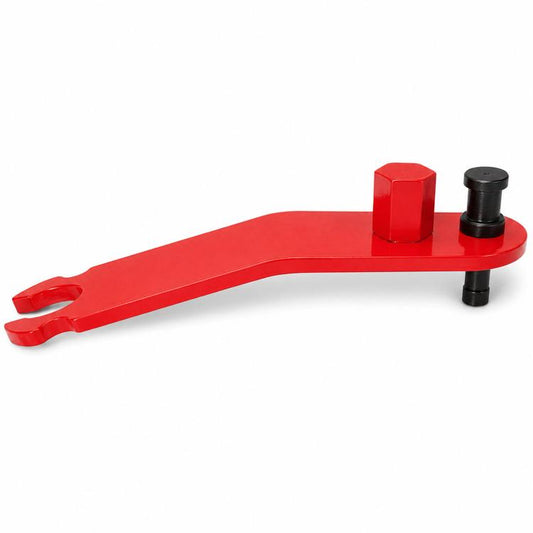 Red car door calibration tool with bent lever, pin and hex block on bar