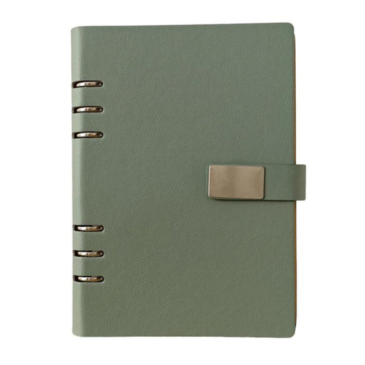 A5 6-hole magnetic buckle notebook, green cover with metal rings and clasp tab