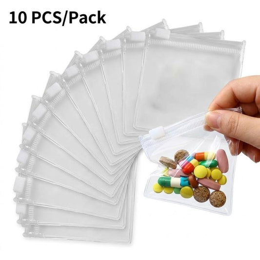 Clear pill pouches with slider closure, 10-pack; one pouch shows capsules inside