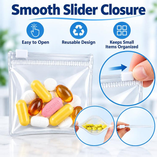 Transparent pill pouch with smooth slider closure; filled with yellow and white capsules