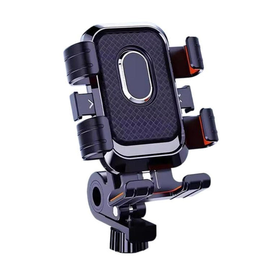 Motorcycle phone holder with shake-stabilized clamps, dark textured cradle and orange side grips