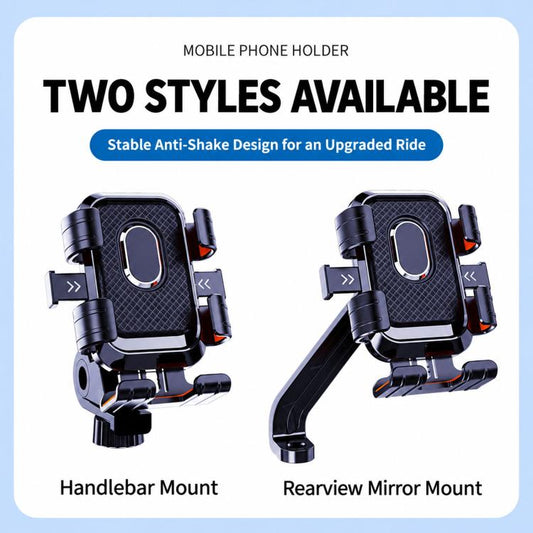 Motorcycle phone holder showing handlebar mount and rearview mirror mount, dark textured cradle