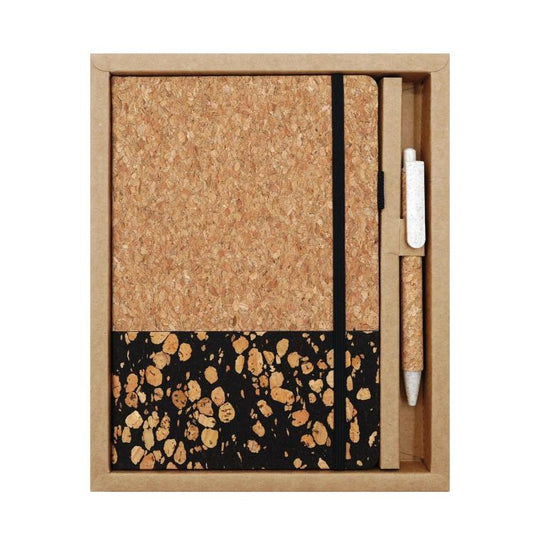 A5 notebook set with cork-style cover, black spine stripe, and matching pen in box