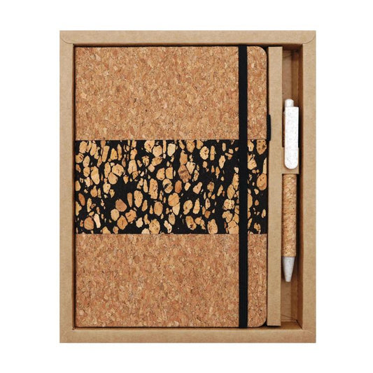 A5 notebook set with cork-style cover, black patch panel with gold speckles, and pen