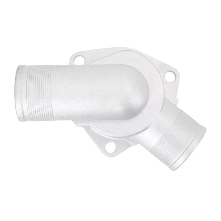 Car engine thermostat housing with two ribbed hose ports and mounting holes