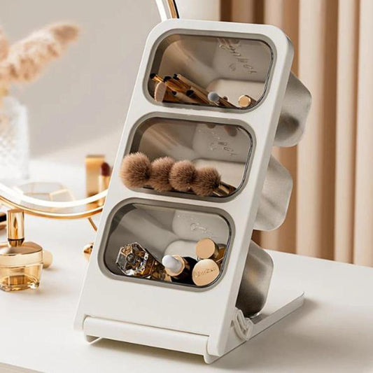 White 3-tier slant storage box with three open compartments for coffee capsules and snacks