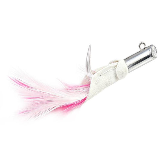 Pink and white feather jig lure with silver jig head and single hook