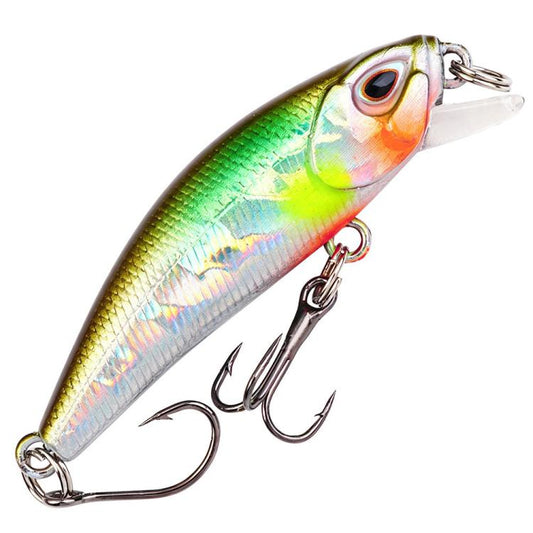 Green-orange micro sinking minnow lure with clear lip and treble hooks