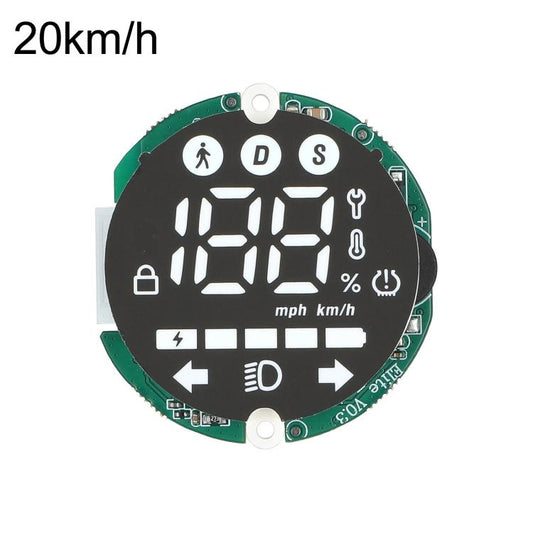 Electric scooter dashboard circuit board with 20km/h speed display, black screen, green PCB