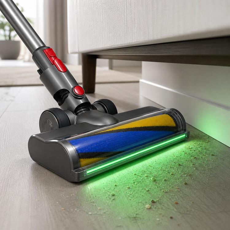 Motorized roller head cleaning hard floor, blue and yellow brush roll, green LED