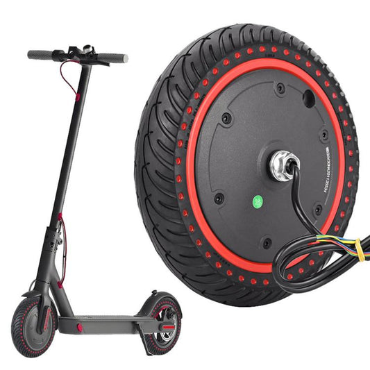 Electric scooter wheel tire with black tread, red rim, and wired hub