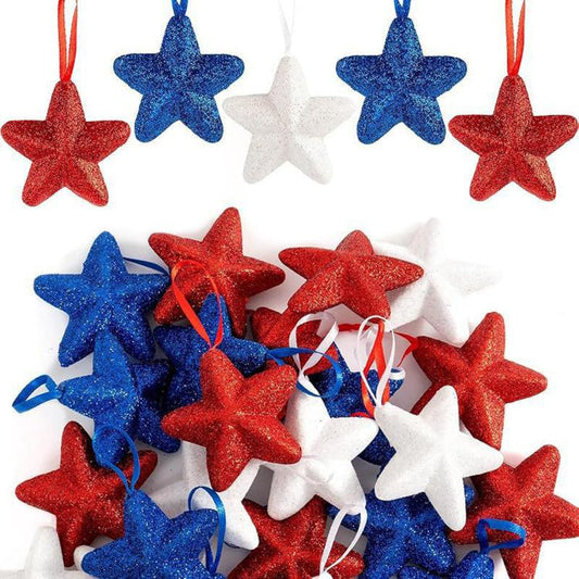Mixed red, white, and blue glitter five-pointed star hanging ornaments with strings