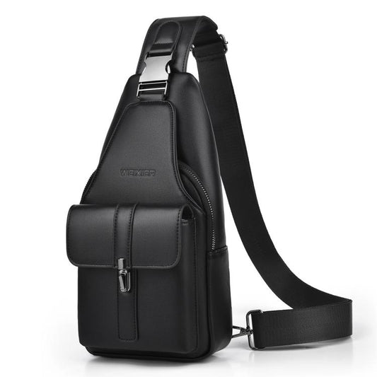 Men’s black PU leather sling bag with front flap and adjustable crossbody strap
