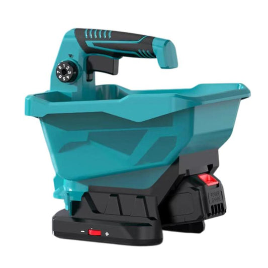 Turquoise and black handheld electric seed planter with hopper, handle, and speed dial