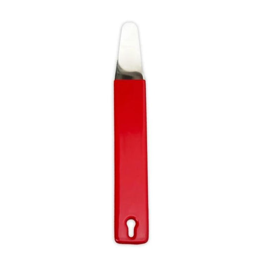 Red and silver automotive pry bar tool with nail-hole end for trim removal.