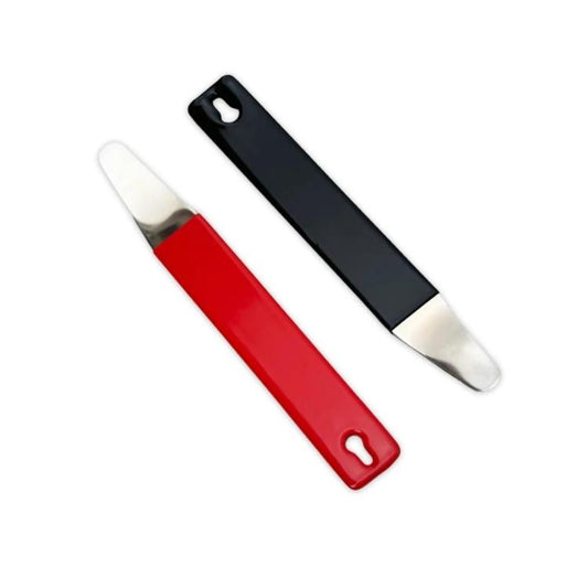 Pair of automotive pry bars: red and black with silver tips for panel fastener removal.