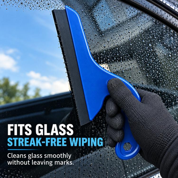 Blue tint squeegee with black grip held against a glass surface