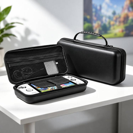 Black hard EVA zippered travel case with mesh pocket and molded interior foam insert