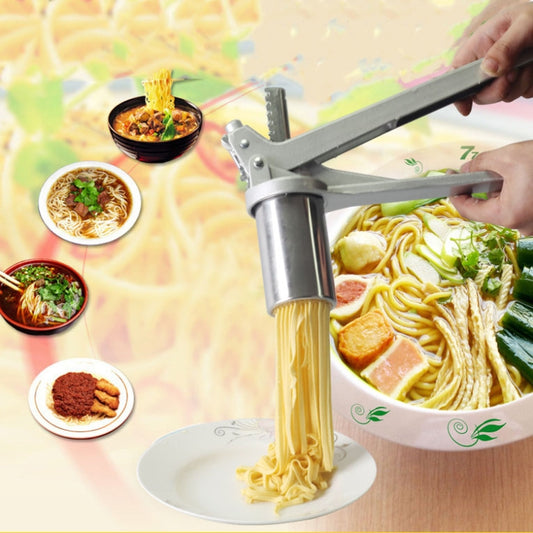 Manual stainless steel pasta machine extruding long noodles onto a plate
