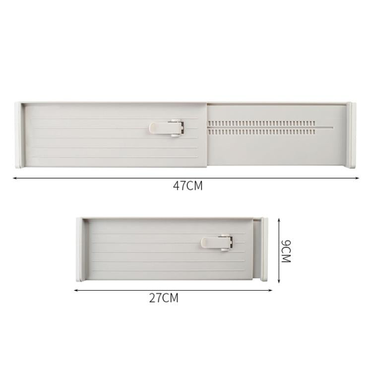 Drawer divider size diagram: 47cm wide, 27cm length and 9cm height in white/grey.