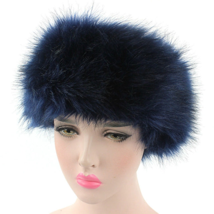 Navy imitation fur headband bomber hat, plush round top and knit band