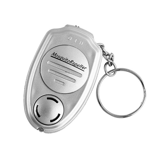 Electronic ultrasonic mosquito repellent keychain, silver oval device with key ring