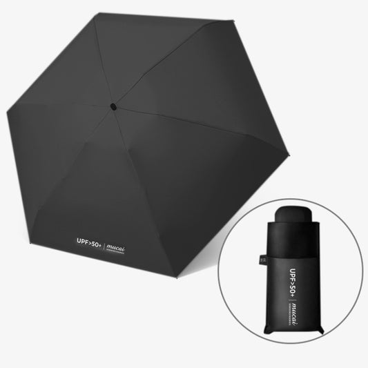 Black mini folding umbrella with protective case and compact carry strap.