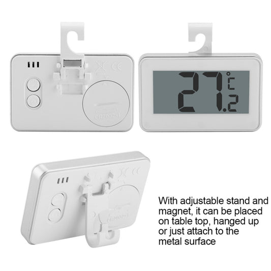 Digital refrigerator thermometer back with adjustable stand and magnet attachment, white