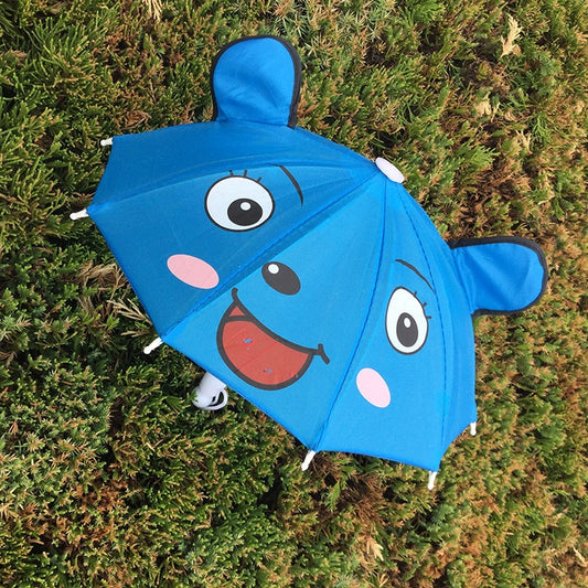 Blue kids animal umbrella with cartoon face and long curved handle