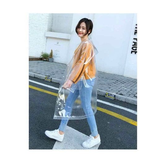 Transparent EVA raincoat with hood, orange sleeve trim, worn over jeans.