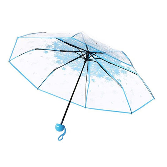 Blue transparent folding umbrella with black ribs and small cherry blossom print