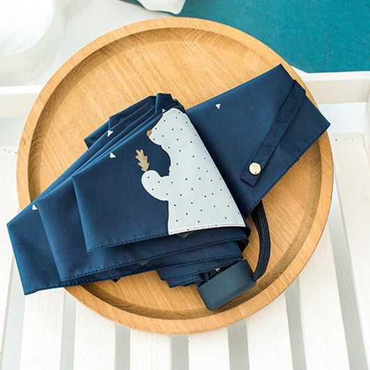 Mini folding umbrella, navy blue fabric with white bear print and snap strap cover