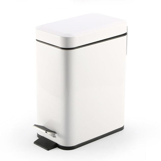 White small rectangular foot pedal trash can with hinged lid and black base trim