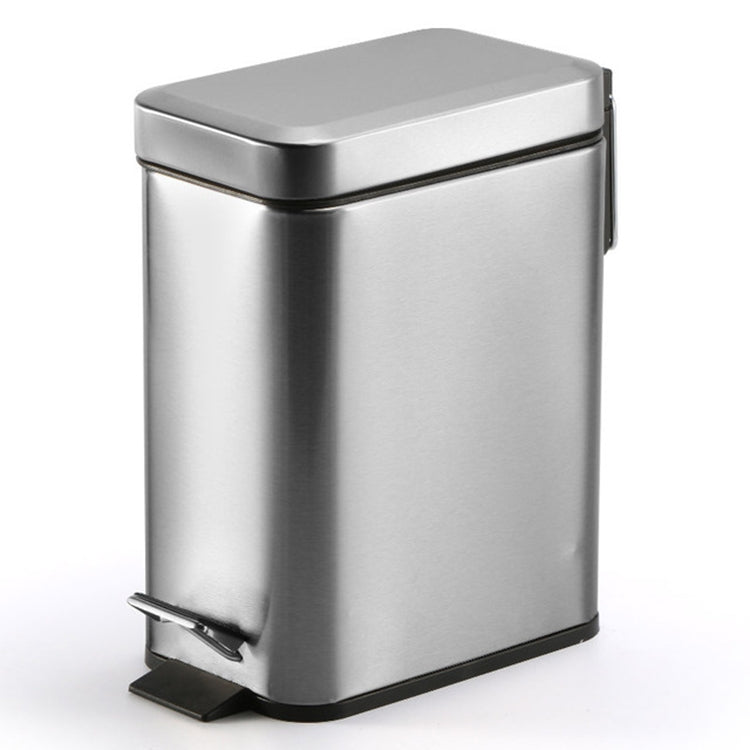 Silver small rectangular foot pedal trash can with hinged lid and black pedal base