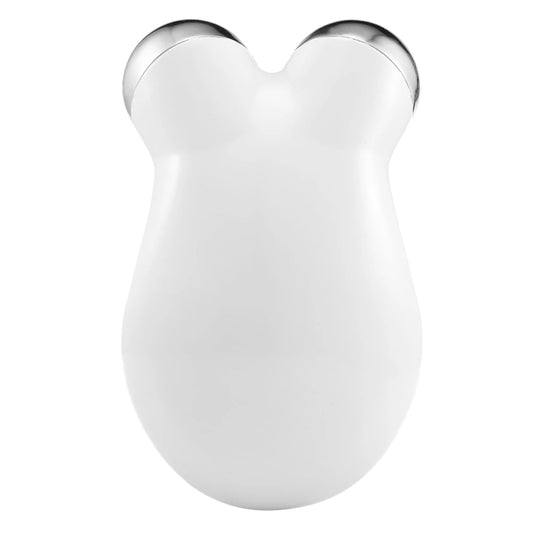 White micro-current face beauty device with dual metal roller heads